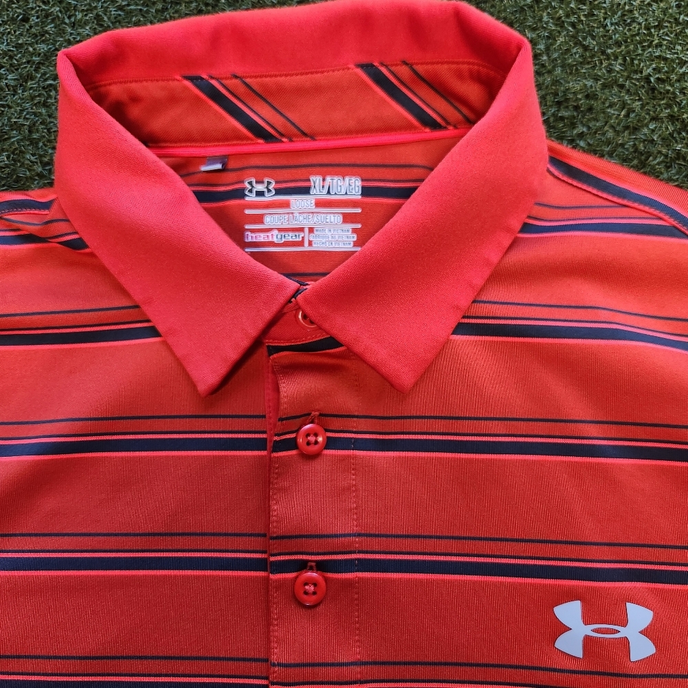 Men's Under Armour Coldblack Heat Gear Golf Polo Size XL Orange with Gray Stripe